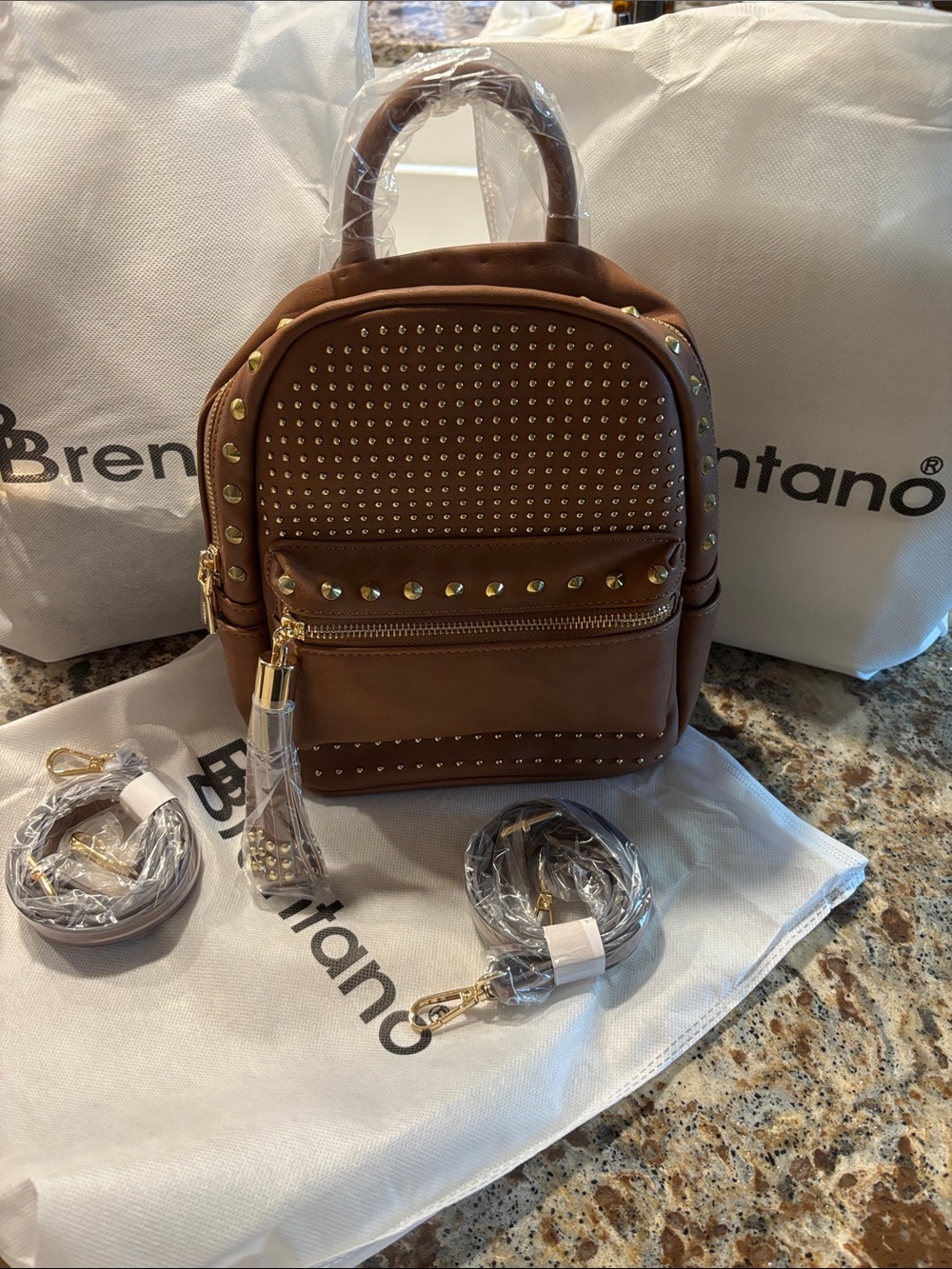 Brentano Super Soft Brown Studded Mini Backpack with Gold Hardware